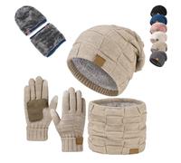 3 Pieces Winter Warm Hat Set,Windproof Knit Cap,Neck Warmer and Gloves,Thicken Stretchy Thermal Accessories for Cold Weather (beige)