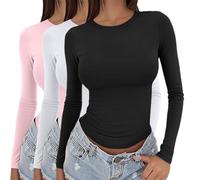 3 Pieces Women Basic Long Sleeve Top Slim Baby Tee Round Neck Dupe Crop