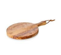 3 plateaux de service avec poignée PURE OLIVE, Ø 25 cm, en bois d'olivier avec cordon en cuir