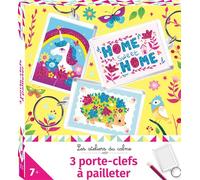 3 porte-clefs à pailleter - mini boîte avec accessoires - 2 tubes paillettes - Léa Fabre - Deux Coqs D'or - Jeux livres objets