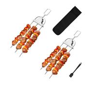 3 Prong Skewers for Grilling, 14 Inch Stainless Steel BBQ Skewers with Push Slider Bar, Basting Brush, 3 Way Grill Skewer for Meat, Chicken, Sausages, Veggies, Shrimp,Fish