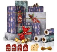 3 Rouleau Papier Cadeau Noel Gros, Emballage Cadeau Noel (44cm×5m) | Papier Cadeau Noel Décoré avec 10m Corde Emballage + 8 Noël Étiquette + 12 Autocollant Chic Vintage
