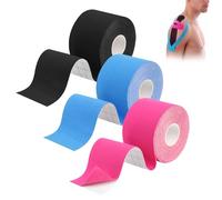 3 Rouleaux Bande Adhesive Elastique Kinésiologie, Strap Body Tape Bandes de Kinésiologie, Bandes de Kinésiologie, Bleu/Rose/Noir, Étanche, pour Genou Articulations et Maintien Musculaire (5m x 5cm)