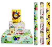 3 Rouleaux De Papier Cadeau D'anniversaire 43 Cm X 3 M, Papier Cadeau Recyclable À Motif Animal Imprimé Avec Lion, Crocodile Et Hérisson Pour Décoration De Cadeau D'anniversaire Pour Enfants Garçon