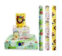 3 rouleaux de papier cadeau d'anniversaire 43 cm x 3 m, papier cadeau recyclable à motif animal imprimé avec lion, crocodile et hérisson pour décoration de cadeau d'anniversaire pour enfants garçon