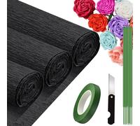 3 Rouleaux de Papier Crépon Noir - 25 x 250cm, DIY Flowers Crafts, Papier Crepon pour Mariages, Fêtes d'anniversaire, Saint-Valentin, Festival Décorations (Noir)