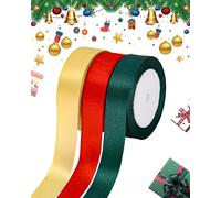 3 Rouleaux de Ruban de Noël, 22.8 m x 25 mm, Large et Coloré Pour Emballage Cadeau, Fabrication D'Arc, Bricolage Artisanat (Rouge Vert Or)