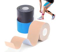 3 Rouleaux kinesio tape，strap sport 5 m x 5 cm，bande Kinesiologie tape, strapping Résistante tape kinesiologie Résiste à l'eau et dure jusqu'à 7 jours (noir x bleu x Beige)