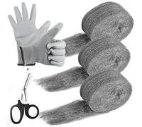3 Rouleaux Laine D'acier 0000, 3x5m Lana de Acero Contra Ratones, Laine Anti Rongeur con Guantes de Trabajo y Tijeras, Fil de Nettoyage Wire Wool, Limpiar Lana de Acero para Casa Jardín