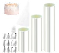 3 Rouleaux Rhodoid Patisserie, Colliers à Gâteau, Rodoide Patisserie Transparent, 10cm/15cm/20cm x 10 m Rhodoïde Feuille, Acetate Film Réutilisable pour Gâteau Mousse, avec 12 Douilles à Douille