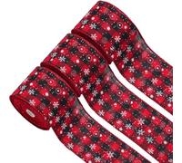 3 Rouleaux Rubans à Carreaux de Flocon de Neige de Noël Rubans de Bord Filaires Rubans de Toile à Carreaux Noirs et Rouges Rubans de Toile à Carreaux de Noël pour Artisanat (6 Yard x 2.5 Pouces)