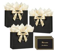3 sacs cadeaux moyens pour cadeaux 20 x 10 x 28 cm, sac cadeau noir moyen avec poignée, 6 emballages en papier de soie et 3 cartes, sacs d'anniversaire avec ruban pour demoiselles