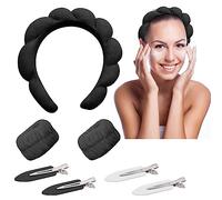3 Set Bandeau et Bracelet de Lavage du Visage,Bandeau Cheveux Femme Maquillage,Poignet en Polaire Corail,Bandeaux et Bracelets pour les Lavage le Soins de la Peau,Avec 4 Pinces à Cheveux（Noir）