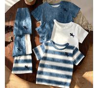 3 Sets Boîte Aveugle Envoyés Aléatoirement 1 Set, Ensemble Short à Manches Courtes Imprimé Rayures pour Garçons Bébés, Mode Printemps/Été Imprimé Logo Cheval, Décontracté Confortable Élégant, Polyvale