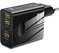 3-Stars 65w Usb Charger With 5 Ports: 2 Usb-C + 3 Usb-A Fast Charging-Qc 3.0 Compatible With Samsung/Iphone/Xiaomi/Etc. Ce Certified Satisfaction Guarantee Black