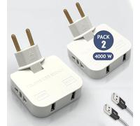 3-Stars Lot de 2 prises plates avec USB 4000 W, puissance accrue, 4 prises : 2 ports de charge USB et 2 prises. Design fin : prise voleur plate murale extra plate, tête pivotante à 180°
