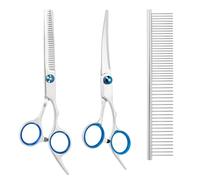 3 Stück Hundeschere Gebogene Schere Hund Fellschere Edelstahl Hunde Schere für Hunde Katzen Haustiere mit Schneiden Schere, Verdünnung Schere, Pflege Kamm (Blau, 3in1)
