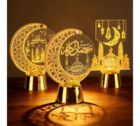 3 stück Ramadan deko laterne, LED Ramadan Lichter Mondlampe Ramadans Umrah Mubarak deko, Eid Mubarak Dekoration Mond Nachtlicht aus Holz und Acryl, Deko Lampe für Islam Muslimische Deko Gold