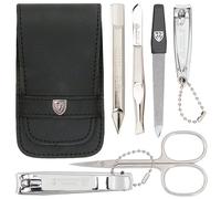 3 Swords Germany - Germany Massa Kit de manucure 6 pièces dans un étui noir en cuir véritable | Contenu : ciseaux à cuticules, coupe-ongles, coupe-ongles, lime à ongles saphir, pince à épiler, nettoyant