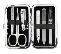3 Swords Germany - Kit de manucure et pédicure de qualité 6 pièces - Ciseaux, lime à ongles en métal et verre, pince à épiler avec étui en cuir synthétique - Marron II