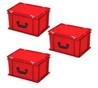 3 valises en plastique au format européen, 1 poignée de transport sur un côté longitudinal, 400 x 300 x 230 mm, rouge.