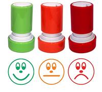 3 Visages, Lot de Tampons Auto-Encreurs Enseignants. (Visage heureux, visage triste, visage indifférent). 22mm Re-éncrable