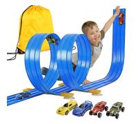 3 Voies Circuit Voiture Flexible avec 2 Loopings (5M), Piste de Course Voiture Enfant 2-en-1 avec 4 Voitures et Sac, Circuit Souple Voiture Gravité & Friction, Garçon Fille 3-8 Ans (Bleu)