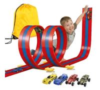 3 Voies Circuit Voiture Flexible avec 2 Loopings (5M), Piste de Course Voiture Enfant 2-en-1 avec 4 Voitures et Sac, Circuit Souple Voiture Gravité & Friction, Garçon Fille 3-8 Ans (Bleu Rouge)