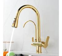 3-Way Kitchen & Bathroom Faucet Pull-Down Spray Tap Drinking Water Faucet Golden Swan Neck Brass Spout & Stylish Design for Modern Homes