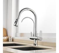 3 Way Kitchen Faucet with Pull Out Spray Kitchen Sink Faucet Brass 2 Handles 360° Rotation Single Hole 3 Way Kitchen Faucet Pull Out-Chrome Plated