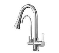 3 Way Kitchen Faucet with Pull Out Spray Swivel Brass Hot and Cold Water Single Hole Kitchen Sink Faucet-Chrome