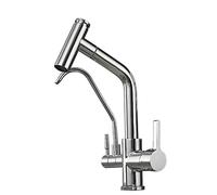 3-Way Kitchen Faucets with Pull-Out Sprayer, Brass, Purified Water, Hot and Cold Water, Chrome Plated Swivel Kitchen Faucet