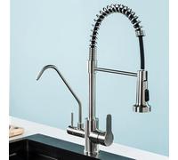 3-Way Kitchen Mixer Tap with Dual Handles and 360° Rotation, Brushed Stainless Steel.