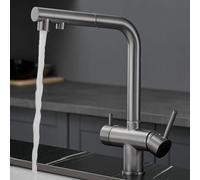 3-Way Pull-Out Kitchen Faucet with Dual Handles and 360° Rotation, Brass for Water Purifier, Black(Gris)