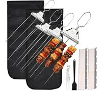 3-Way Stainless Steel BBQ Skewers, 3-Prong Kebab Skewers with Push Bar Slider, Reusable Meat Fork for BBQ, Chicken Sausages and Veggie Sticks, Dishwasher Safe Barbecue Accessorie (4Pcs)