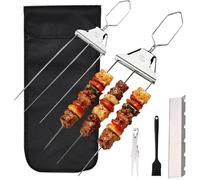 3-Way Stainless Steel BBQ Skewers, 3-Prong Kebab Skewers with Push Bar Slider, Reusable Meat Fork for BBQ, Chicken Sausages and Veggie Sticks, Dishwasher Safe Barbecue Accessorie (2Pcs)