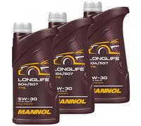 3 x 1 L Mannol Longue Vie 5W-30 Huile 5W30 VW 504 00 507 00 BMW LL-04 MB 229.51
