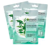 3 x Garnier SkinActive Hydra Bomb Masque Visage en tissu Hydratant et opaque avec Te vert et acide hyaluronique