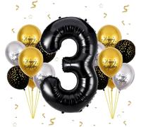 3 Year Birthday Balloon, Black, 13 Pieces Birthday Balloon Set With Large Foil Balloon Number 3, 101 Cm Balloons, Balloon 3 Year Decoration Birthday Flying Thanks To Helium