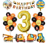 3 Year Construction Birthday Decoration, 29 Pieces Construction Party Supplies With Banner, Balloon Number 3 With Bulldozer Crane Forklift Balloons Shovels For Boys Children Party Construction