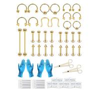 30-36PCS Kit Piercing Septum 16G Professionnel Piercing Tool Kit en Acier Inoxydable Labret Oreille Tragus Nose Ring Bijoux de Corps pour Homme/Femme (32pcs Gold)