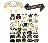 30 Ans Couronne Echarpe et Photobooth,Or Noir Selfie Props Kit 30 Birthday Photo Props Fournitures Cristal de Tiare DIY Photo Booth Accessoires Decoration Cadeau pour Fêtes d'anniversaire Femme Fille