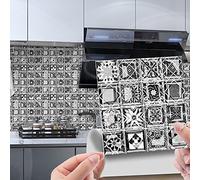 30 autocollants muraux en carrelage, carrés, style mosaïque rétro marocain victorien, imperméables, pour la cuisine, le salon, la salle de bain, le sol, décoration DIY, auto-adhésifs (15 x 15 cm, noi