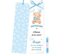 30 Carte Italien Baptême Signet Personnalisé Carte Table Marque Page Motif Ours pour Baptême Anniversaire Baby Shower avec Ruban (Bleu pour Garçon)