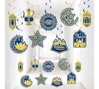 30 décorations pour le Ramadan, spirales suspendues pour l'Aïd, spirales scintillantes en aluminium avec lune et étoiles pour la décoration de plafond de la fête de l'Aïd al-Fitr (bleu et or)