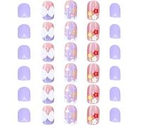30 faux ongles courts à presser, violet taro cœur, faits main, faciles à poser et retirer