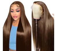 30 Inch Perruque Femme Naturelle Brésilien Cheveux Humain Marron Chocolat 13x4 Straight Lace Front Wig Human Hair,perruque bresilienne lace frontal,Pré-épilé avec des cheveux de bébé naturels(75cm)