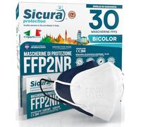 30 masques FFP2 certifiés CE BLEU et BLANC (15 + 15) Logo en relief SICURA Italie BFE ≥99% Fabriqué en Italie Masques FFP2 SANITISÉS et scellés individuellement