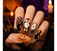 30 ongles press-on Halloween amande 3D sang œil citrouille design | Set de 30 ongles press-on Halloween amande 3D sang œil citrouille araignée French tip pour femme fête