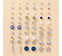 30 paires/set Boucles d'oreilles à clous flocon de neige, étoile, fleur, strass, nœud papillon, coquillage, perle métallique, designs minimalistes et mignons, convenant pour le port casual quotidien, 
